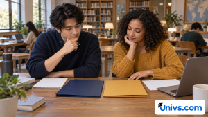 Two students reviewing navy and ochre folders beside a laptop and blank planning sheets.