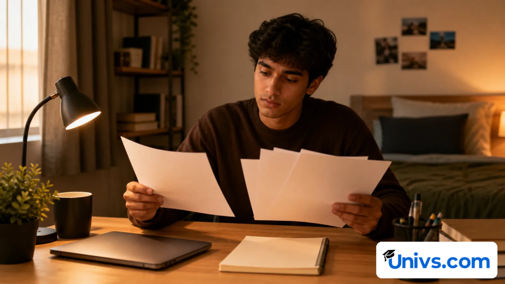 Student comparing blank funding papers beside a laptop and budget notebook.