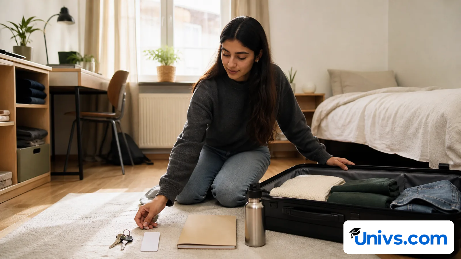 Student unpacking a suitcase beside a bed, keys, and a plain folder.