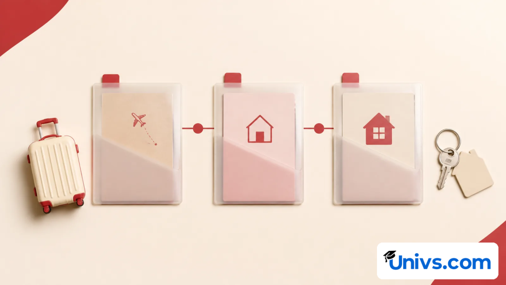 Three plain document sleeves linked with a travel token, residence card shape and house key.