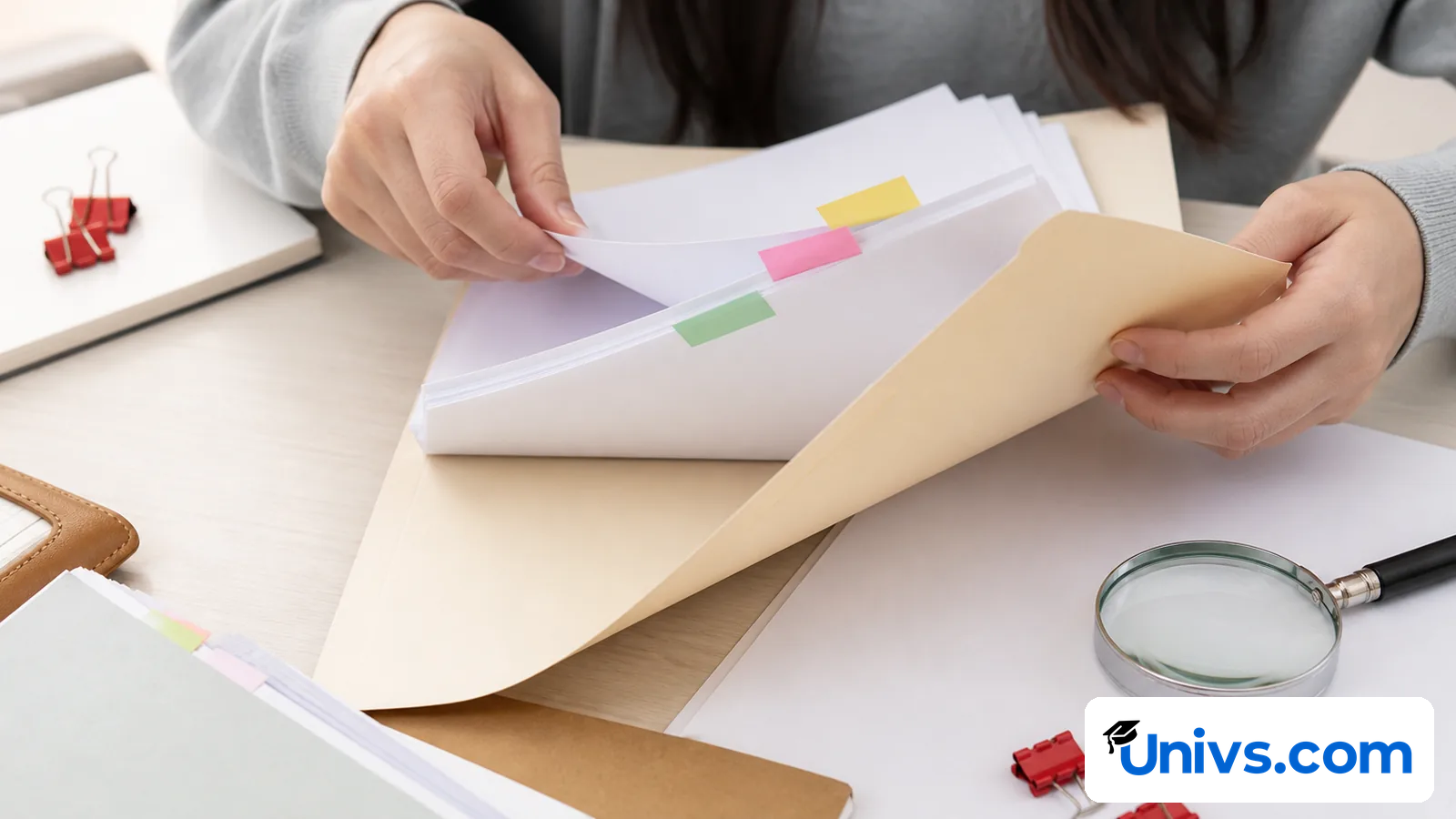 Student sorting blank academic papers with colored tabs and a magnifying glass.