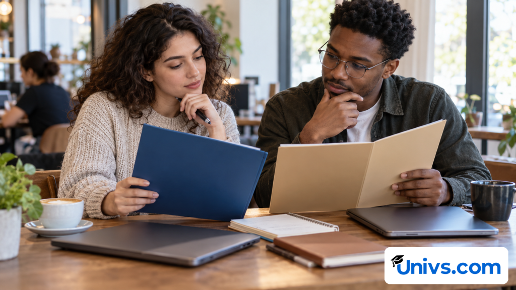 Two students compare folders at a cafe table beside closed laptops and notebooks.