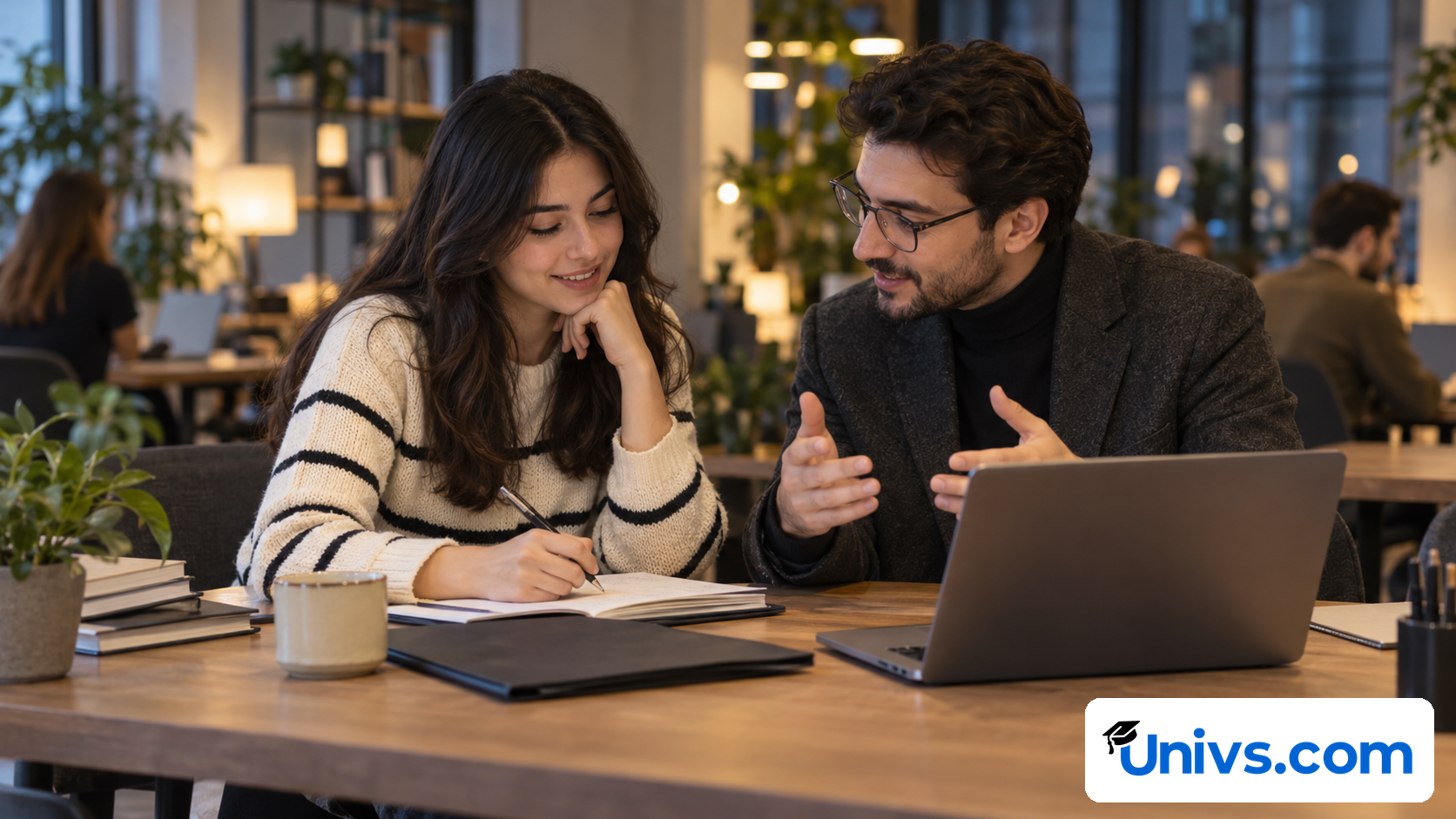 A student and adviser discuss career planning at a table with a notebook and laptop.
