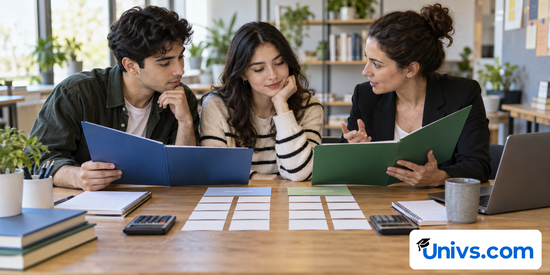 Two students and an adviser compare folders and blank cards at a study table.