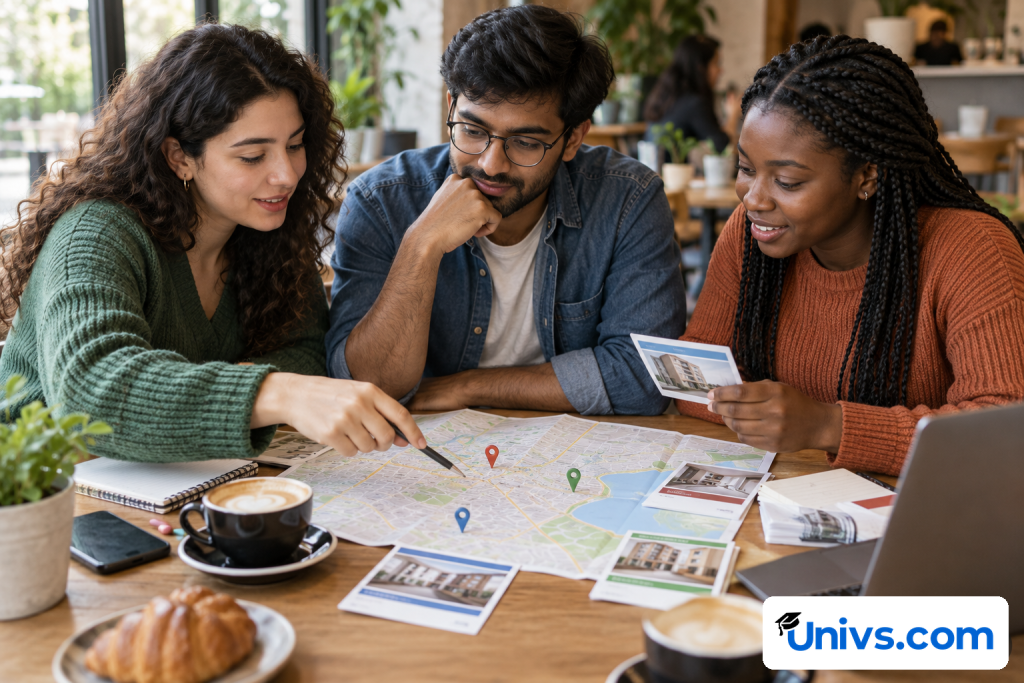 Three students compare a city map and housing listings at a cafe table.