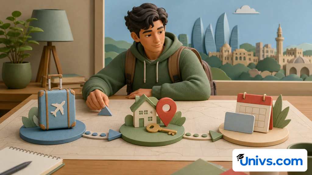 A student examines a miniature layout with travel, home, key, and calendar symbols.