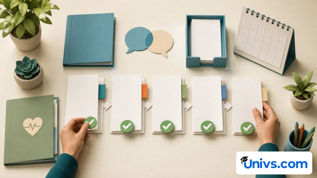 Hands sorting blank admission documents into a five-step application sequence.