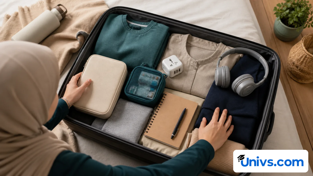 A woman packs clothing, headphones, a notebook and toiletry items into a suitcase.
