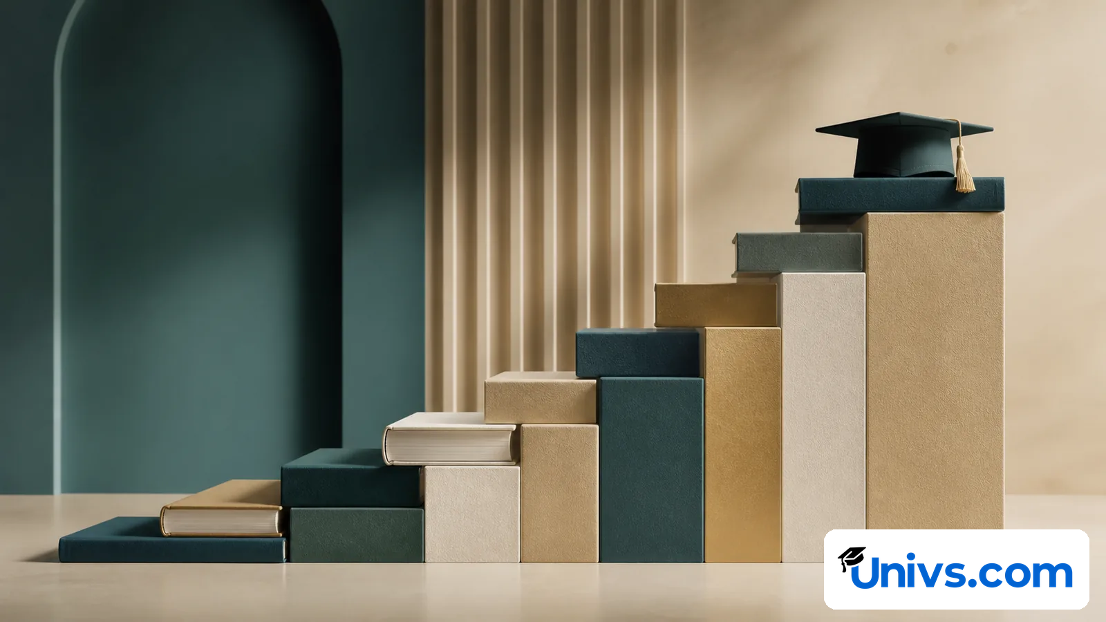 Graduation cap above an ascending series of books and blocks.