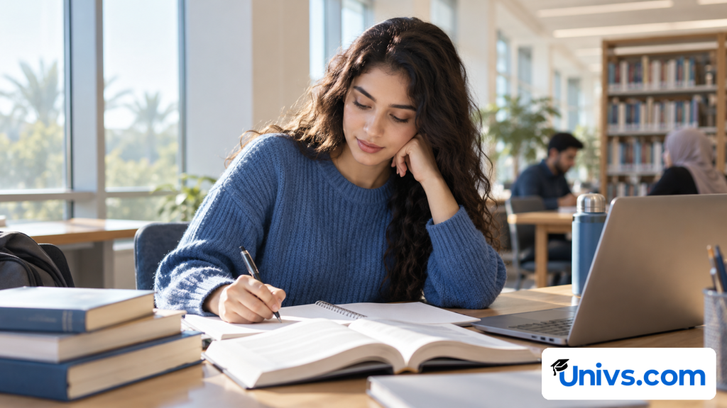 A university-age student studying course materials at a library desk, open notebook and books, engaged thoughtful expression