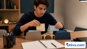 Student mapping blank course cards between two folders across a small bridge.