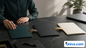 Hands paused beside three blank folders connected by small bridges.