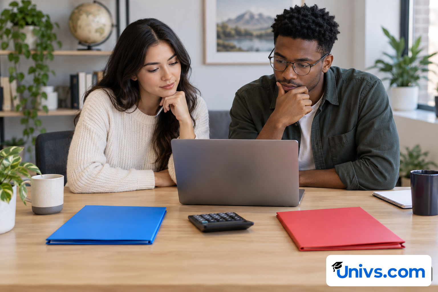 Two students comparing separate green and blue folders beside a laptop and calculator.
