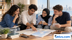 Students comparing city living options using a blank folded map and housing notes in a bright urban apartment, no named skyline or landmark