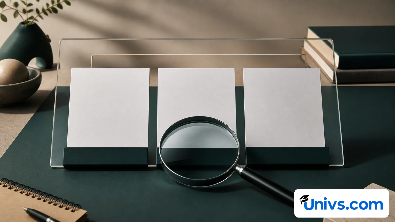 Magnifying glass positioned in front of three blank evidence cards.