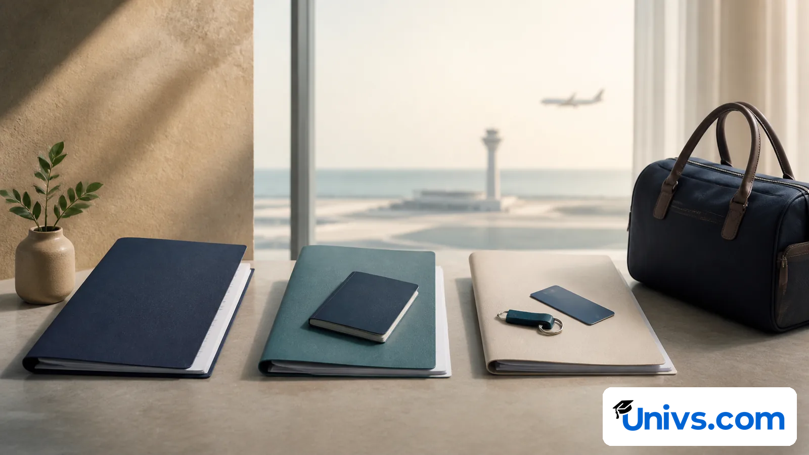 Blank document folders and travel items arranged as three connected stages.