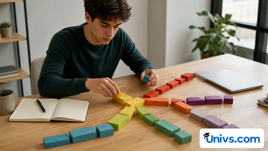 Student arranging coloured pathway blocks to compare higher-education routes.