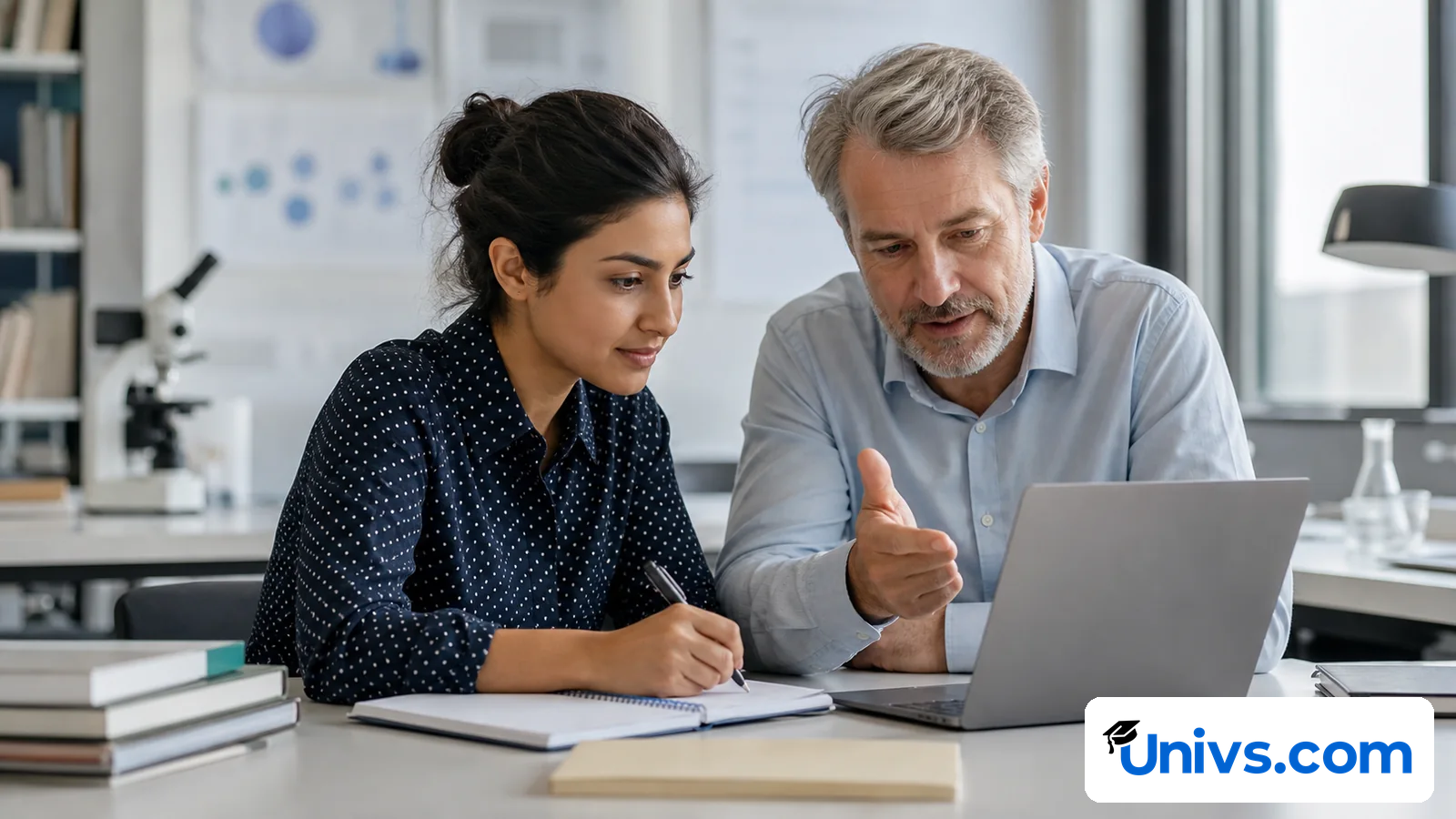A student reviews a research plan with an adviser in a bright workspace.