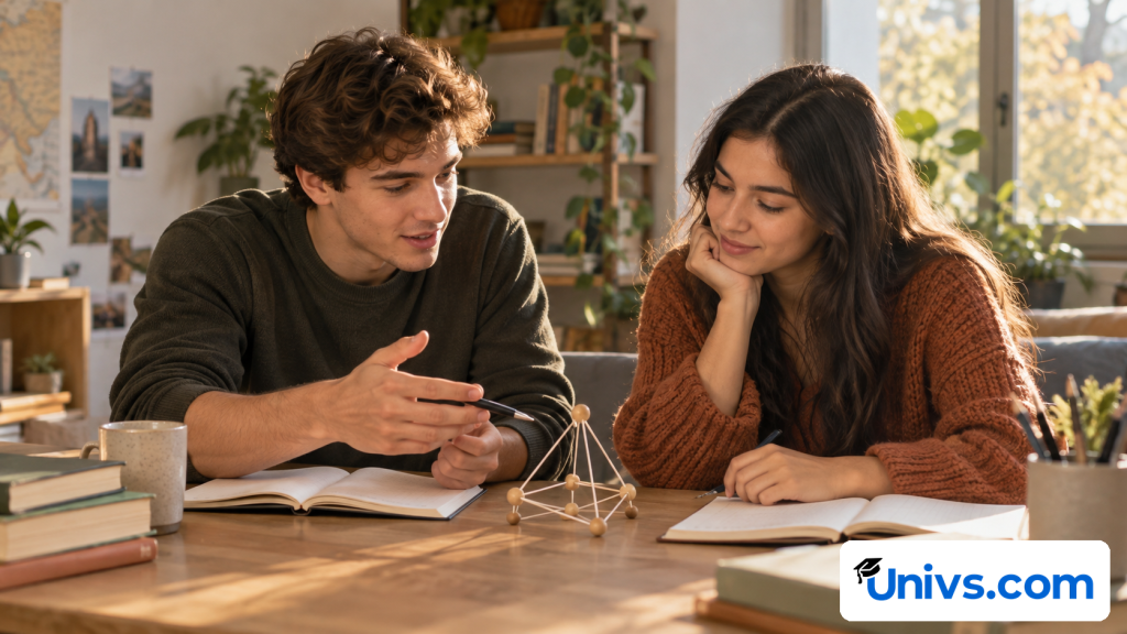 Two students discussing two degree options using separate plain notebooks and a small geometric teaching model