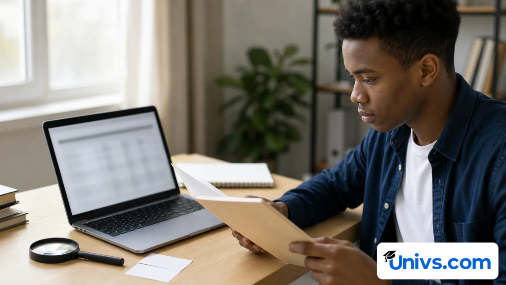 A student examines a document beside a laptop with a magnifying glass.