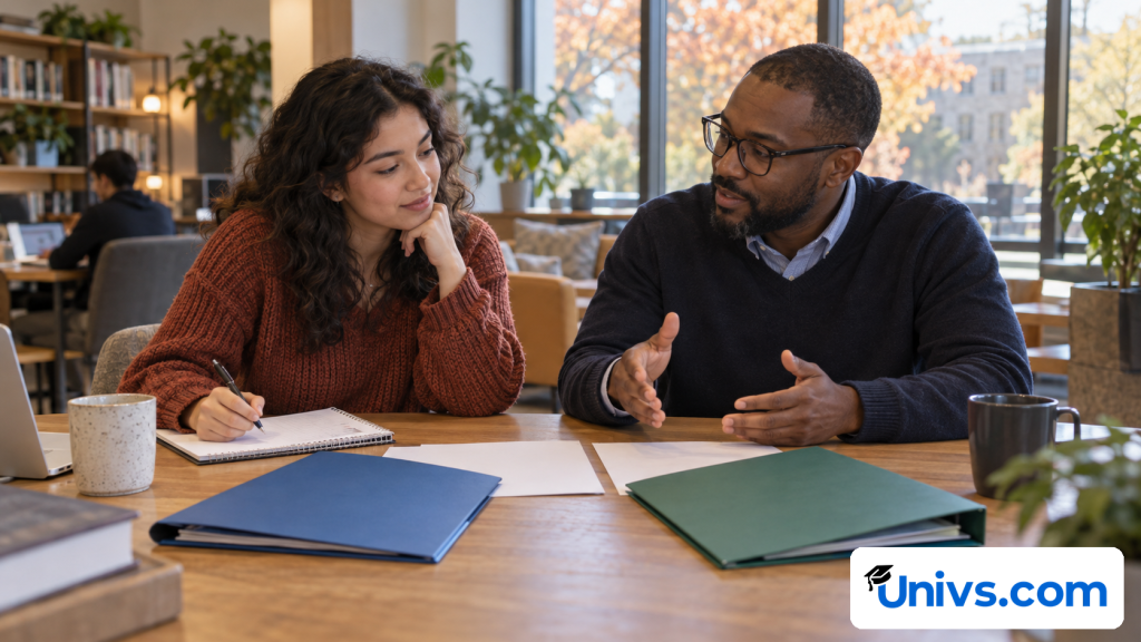 Student and adviser discussing two separate folders and blank course pages in a study lounge.