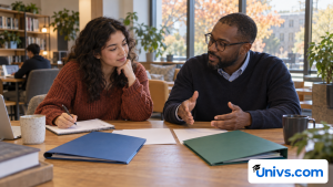Student and adviser discussing two separate folders and blank course pages in a study lounge.