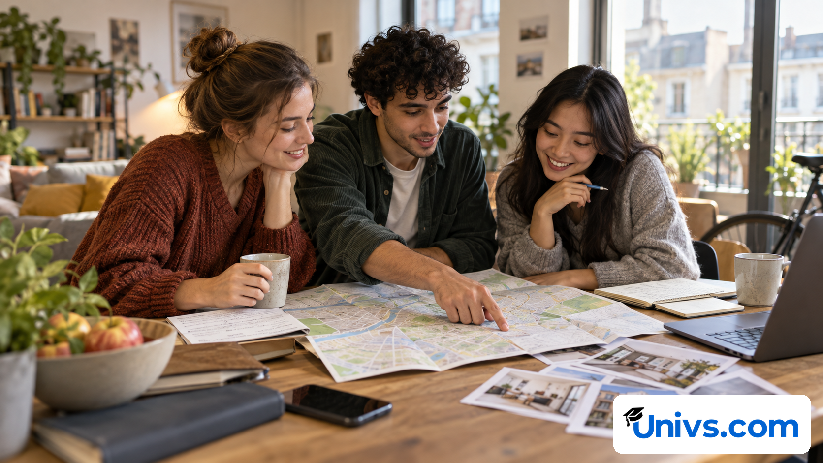 Students comparing city living options using a blank folded map and housing notes in a bright urban apartment, no named skyline or landmark