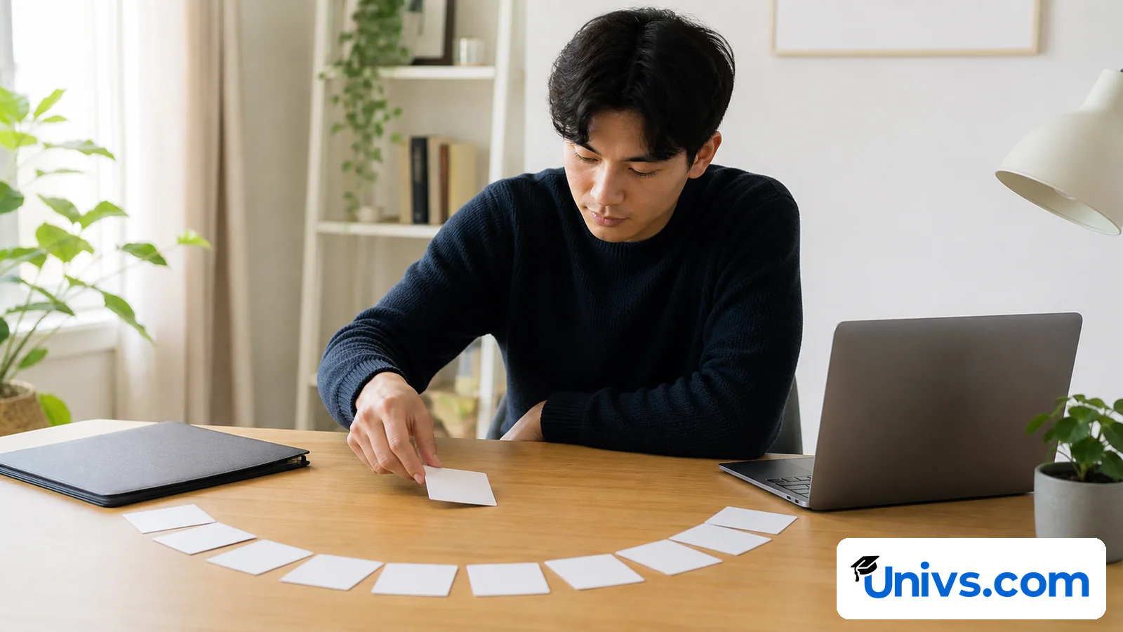 A student arranges blank cards beside a laptop for a job-search plan.