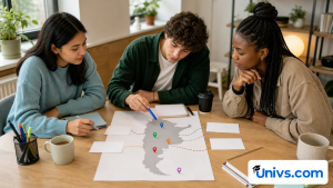 Three students comparing possible locations on an abstract map with five coloured pins.
