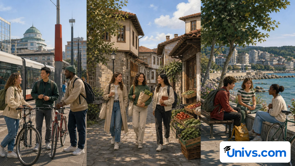 Students compare three everyday city routines using transport and housing objects.
