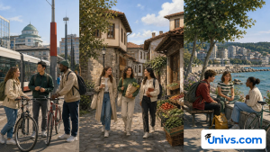 Students compare three everyday city routines using transport and housing objects.