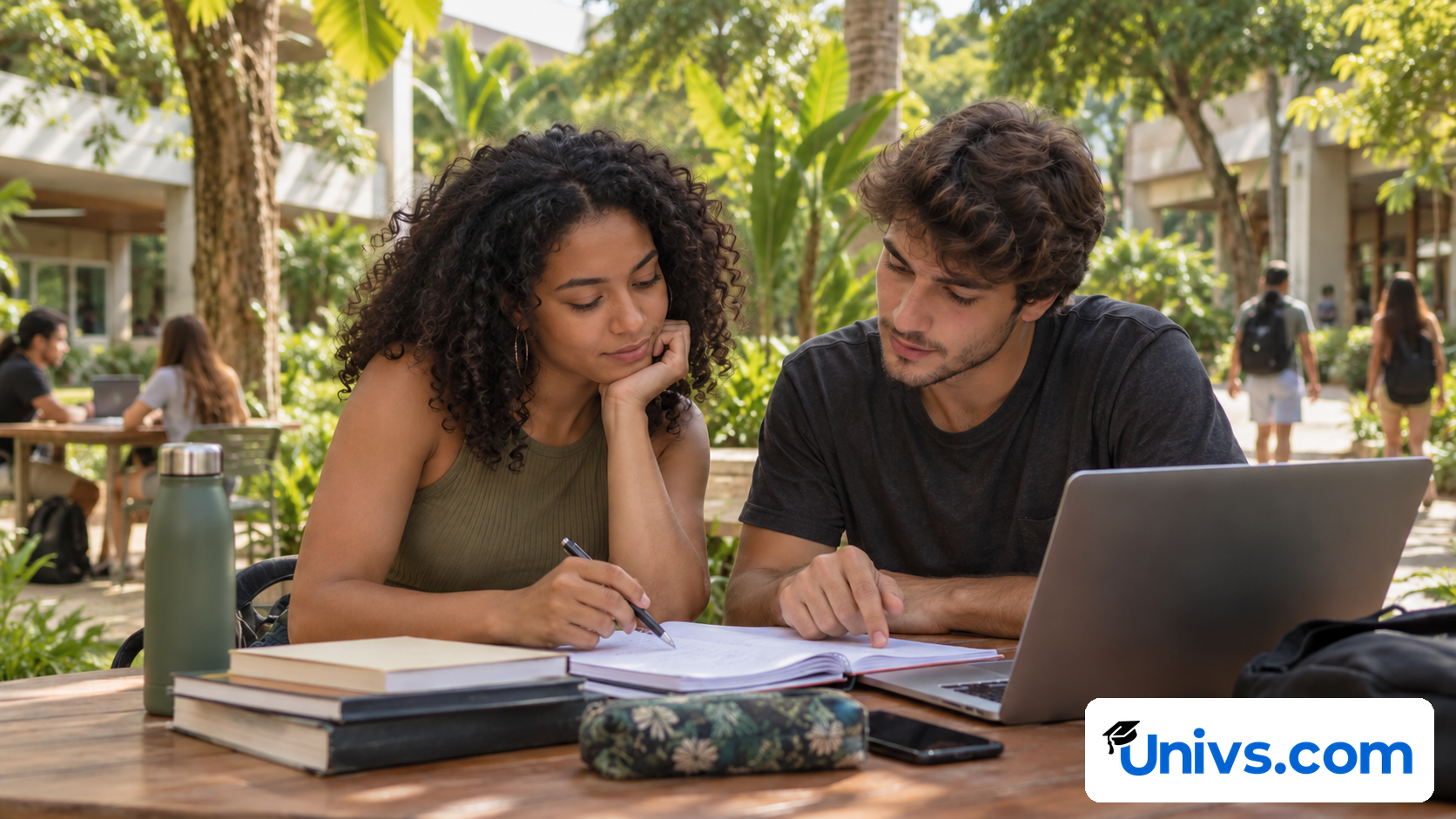 Two students reviewing a study plan at an outdoor table in a leafy courtyard.