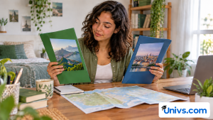 Student comparing green and blue destination folders beside a map on a desk.