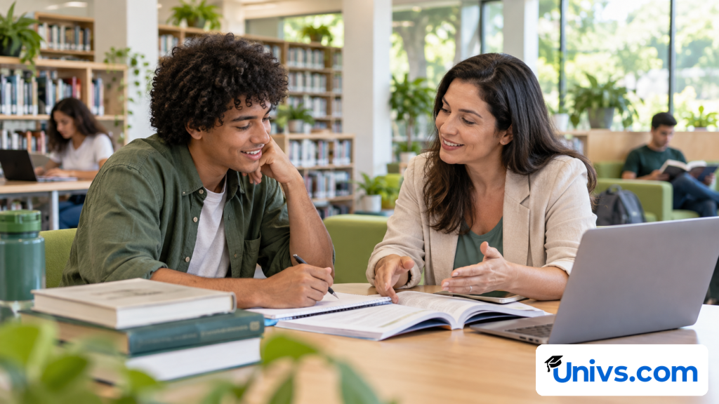 A student discussing course options with an academic adviser in a bright library meeting area