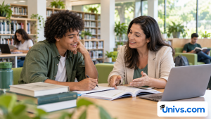 A student discussing course options with an academic adviser in a bright library meeting area