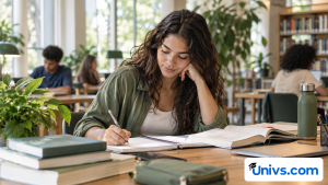 A university-age student studying course materials at a library desk, open notebook and books, engaged thoughtful expression