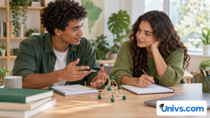 Two students discussing two degree options using separate plain notebooks and a small geometric teaching model