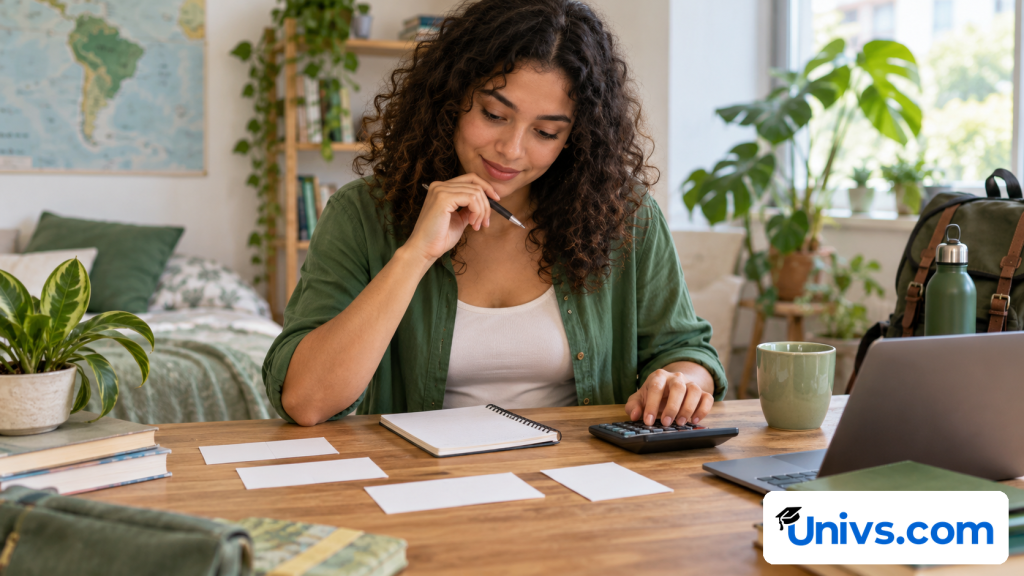A student planning an education budget at a desk with blank expense cards, a calculator and notebook