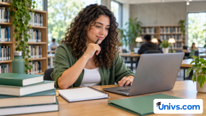 A student works at a library desk with a laptop, open notebook, books and a folder.