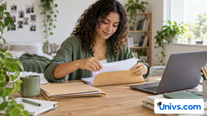 A student sorts papers into a brown document folder beside a laptop.