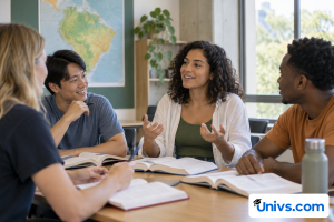 Four students practise a conversation around a classroom table with open books.