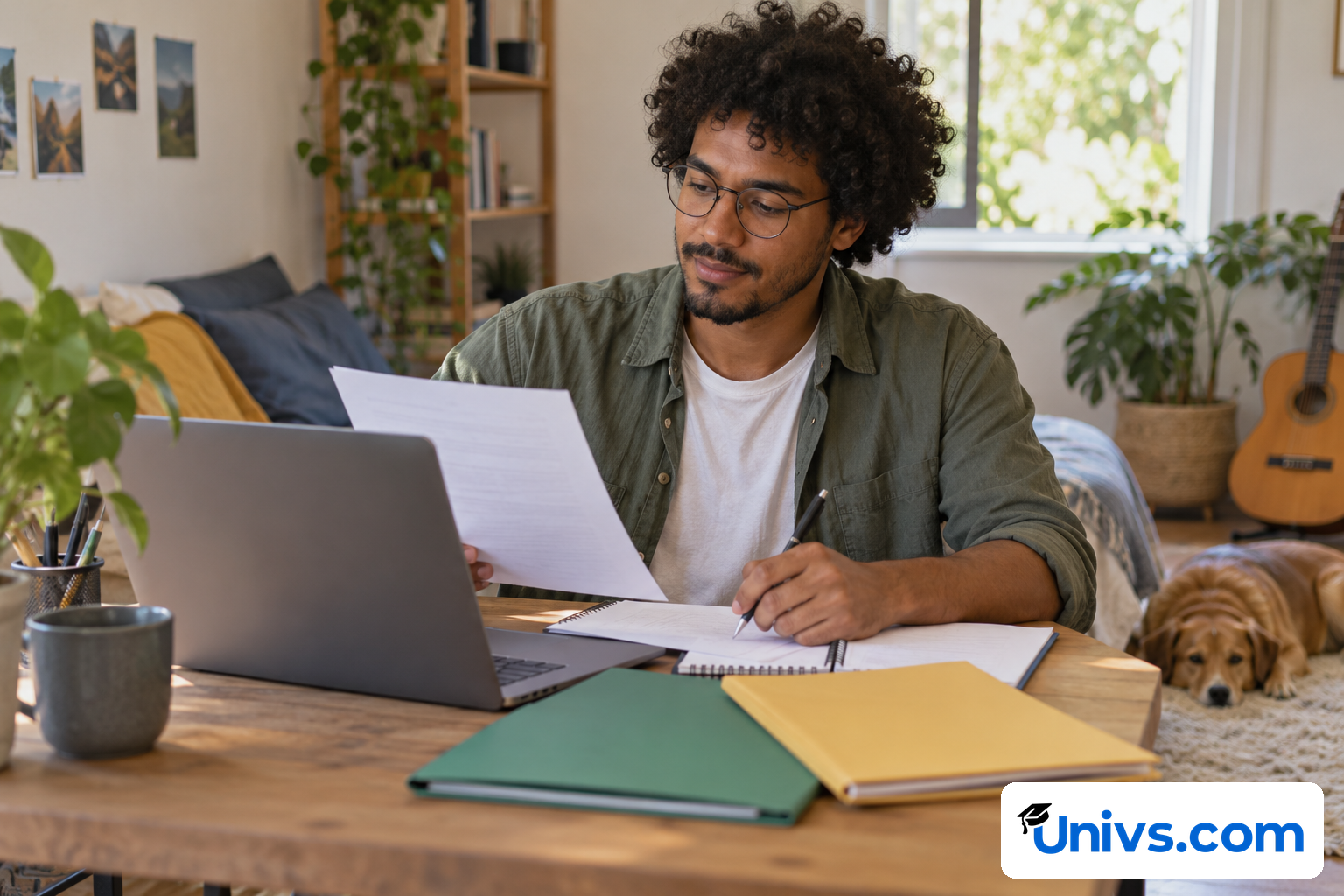 A student reviews paperwork and writes in a notebook beside a laptop and folders at home.