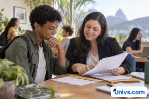 A student reviewing a travel and residence document checklist with an adviser; plain folders, no passports, visas or official seals