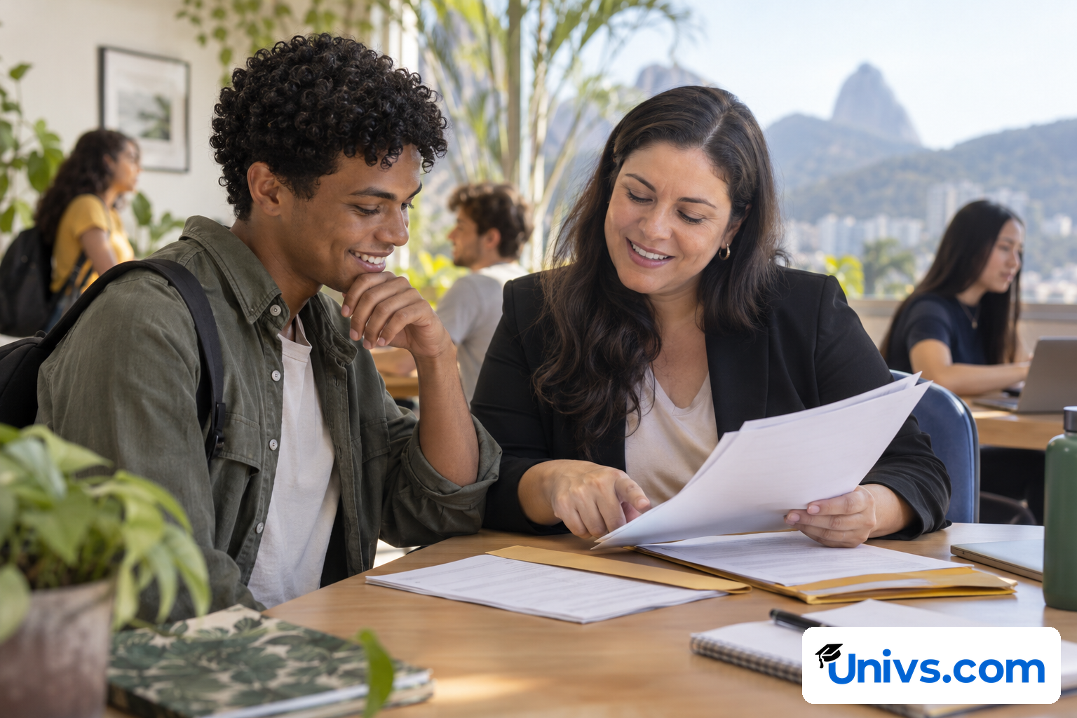 A student reviewing a travel and residence document checklist with an adviser; plain folders, no passports, visas or official seals