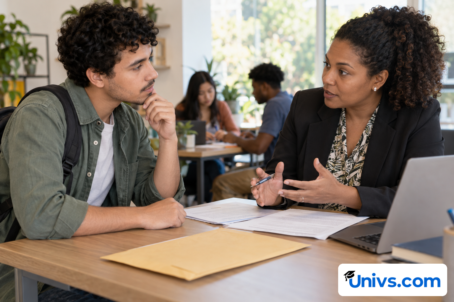 A student and adviser discuss paperwork with a brown envelope and laptop on a table.