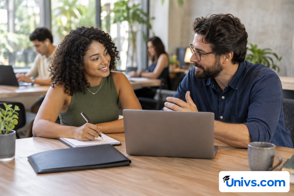 A recent graduate preparing a career plan with a mentor in a quiet co-working space, plain portfolio folder and neutral laptop screen