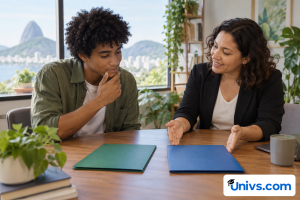 A student and adviser discussing two university choices, two plain folders placed separately on a calm meeting table