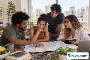 Four students compare a folded city map and notes at an apartment table.