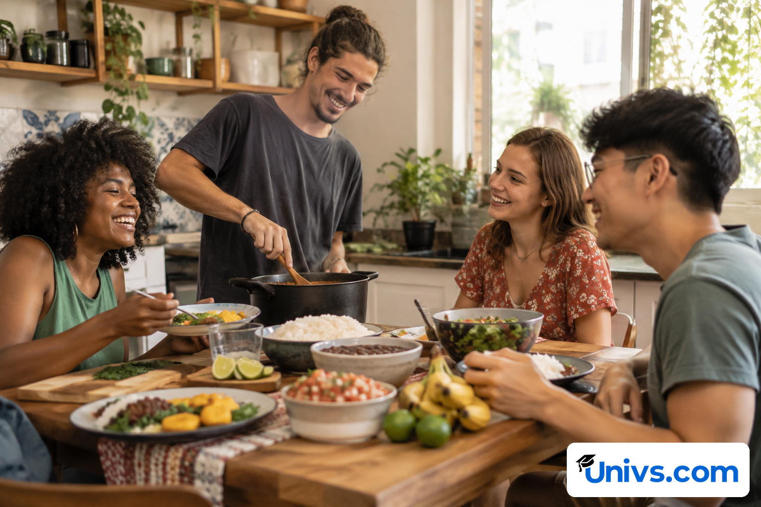 A small group of students sharing a relaxed meal in a communal kitchen, warm everyday atmosphere and natural friendly interaction