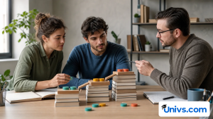 Students and a tutor build an ascending study model from books and coloured tokens.